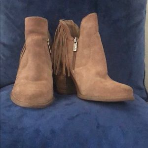 Tan suede fringed booties